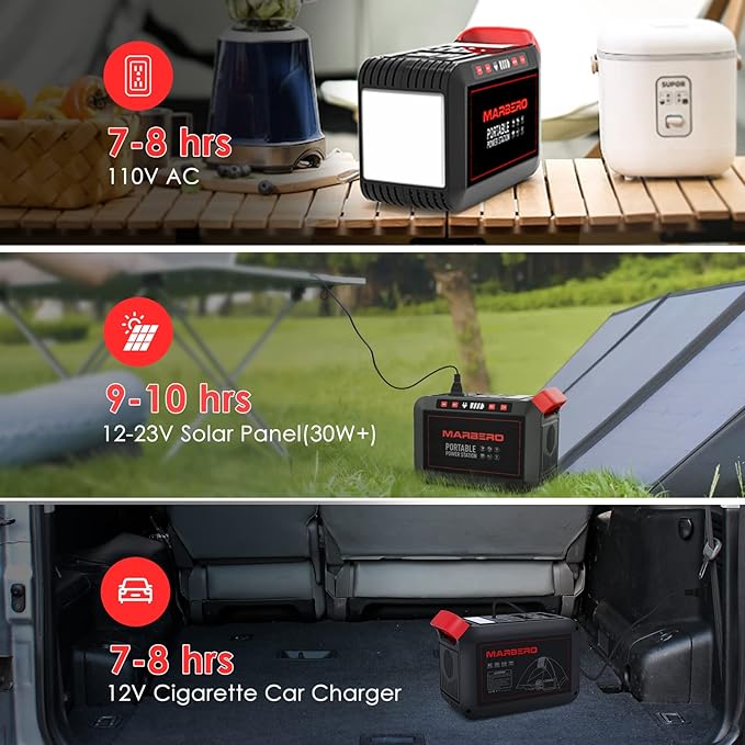MARBERO 200W Portable Power Station 148Wh Camping Solar Generator Laptop Power Bank with AC Outlet 110V DC USB QC3.0 LED Flashlights for CPAP Home Outdoor Trip Emergency Backup