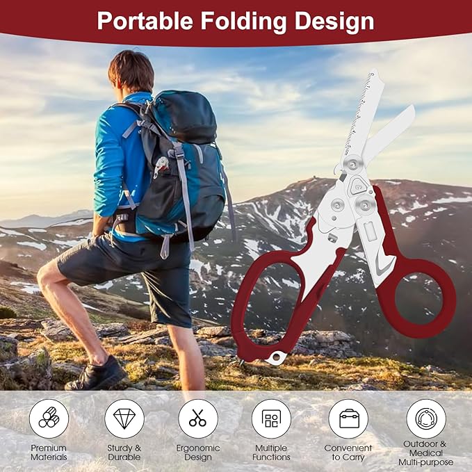 6 in 1 Multifunctional Combination Tool Folding Retractable Emergency Shears Outdoor Camping Tools Seat Belt Cutter Oxygen Cylinder Wrench Complimentary Adjustable Wrench (red)
