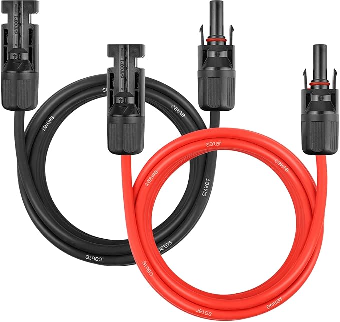 Solar Panel Extension Cable - 10AWG 10FT Solar Wire Cord 10 Gauge PV Wire with Female &amp Male Waterproof Connector for RV Photovoltaic Systems Home Boat Solar Panels Car(10ft Red + 10ft Black)