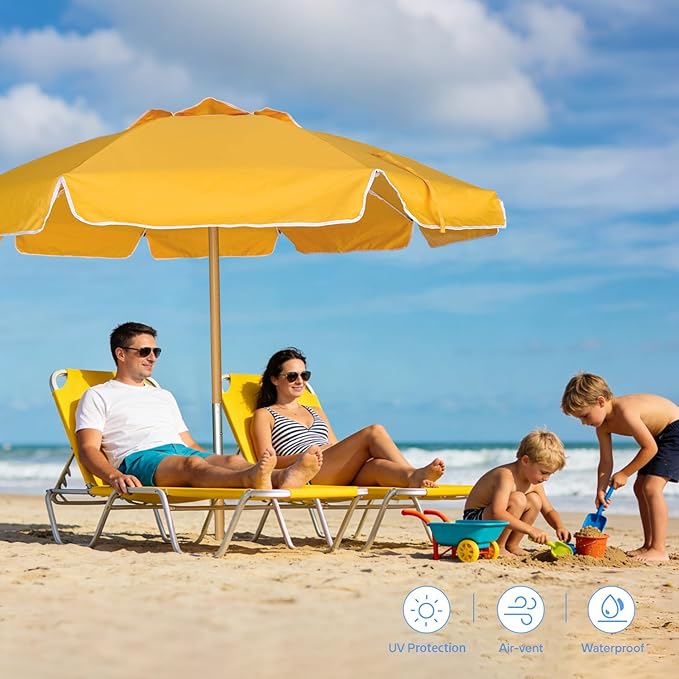 AMMSUN 7.5ft Heavy Duty High Wind Beach Umbrella Commercial Grade with Air Vent Ash Wood Pole &amp Carry Bag UPF 50+ Sun Protection for Patio Garden Pool Backyard Yellow