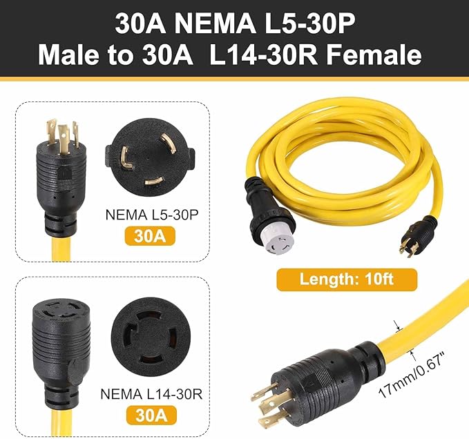 MECCANIXITY 10ft NEMA L5-30P to L14-30R RV Marine Generator Transfer Switch Adapter Cord 30A Generator Extension Cord L5-30P Male to 30A Marine Shore Power L14-30R Female 125V/250V