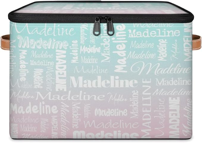 Custom Storage Basket with Name Personalized Keepsake Box with Zipper Lid Foldable Fabric Memory Bin Large capacity with Handle Green Pink