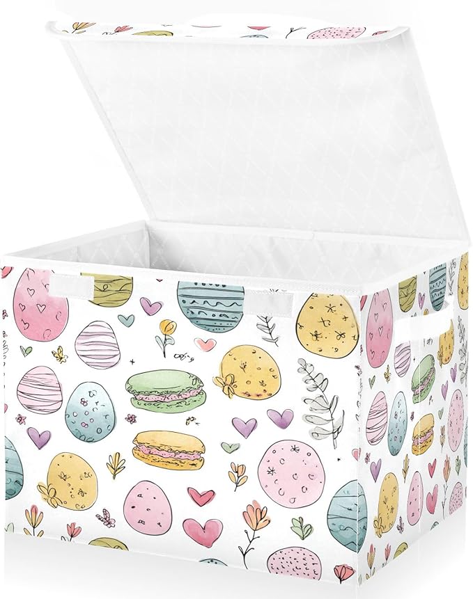 Storage Bins With Lid Stackable Fabric Closet Organizer Clothing Storage Large Boxes For Closet Shelves Bedroom White Decorative Easter Eggs Hearts and Flowers