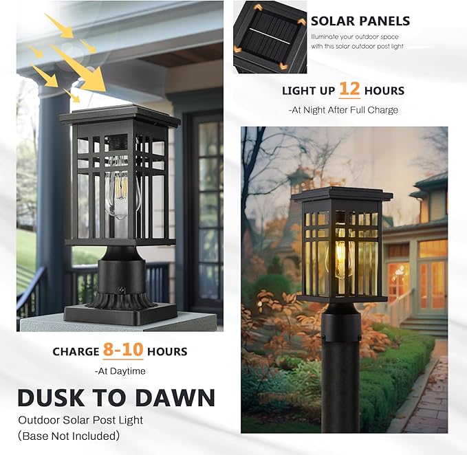zeyu 2 Pack Solar Exterior Post Lamp Light 12 Inch Dusk to Dawn Outdoor Lamp Post Light for Patio with Remote Die-Cast Aluminum with Clear Glass Shade Black Finish 20068-P-2 SL BK