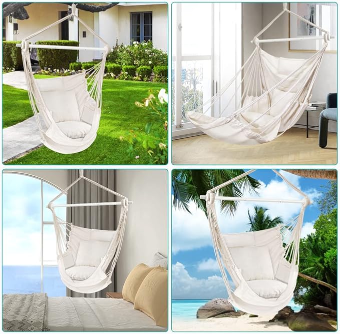 Outerman Hammock Chair Hanging Chair with 3 Cushions and Foot Rest Support Sturdy Metal Spreader Bar Max 440 Lbs Swing Chair for Bedroom Indoor &amp Outdoor Patio Porch or Tree（White）