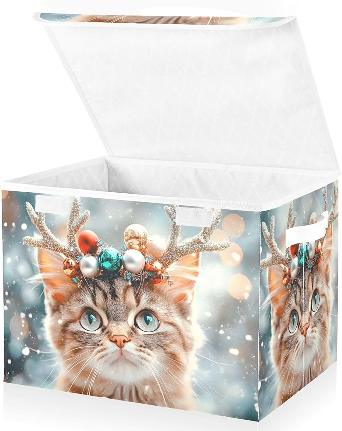 AIXIWAWA Lidded Storage Cube (Cat Christmas) Fabric Foldable Closet Bins with Flip Lid and Handles Organizer Basket Container 16.5 x 12.6 x 11.8 IN