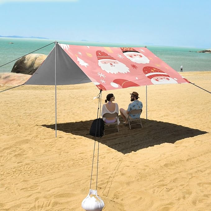 Christmas Santa Red Pastel Pink Stable Beach Tent UPF50 Waterproof Large Portable Sun Shelter with Sandbags Sand Shovel Poles for Camping Picnics Backyard &amp Fishing