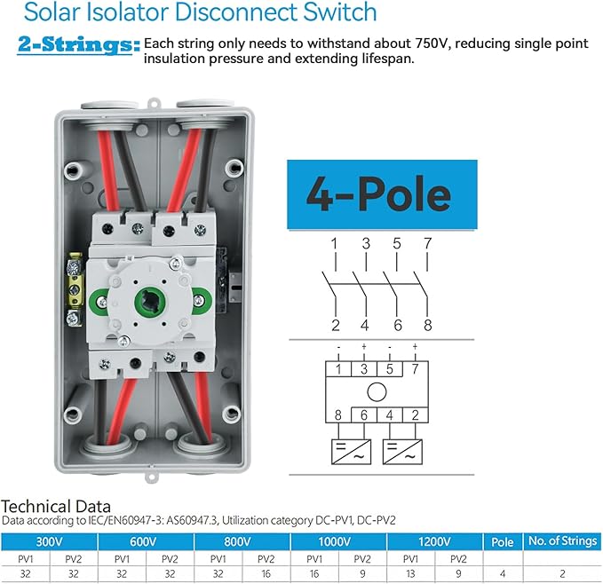 Waterproof IP66 Solar Disconnect Switch 4-Pole DC 1500 32 Isolator Solar Switch with Enclosure for Rooftop Solar Systems RVs and Boat Black