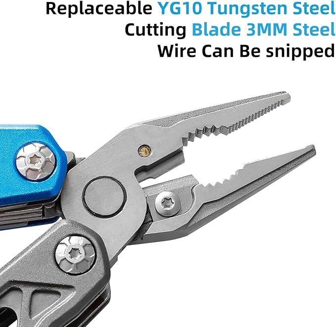 HANSHI Camping Axe Multitool with YG10 Tungsten Steel Replaceable Wire Cutters for Gift17 in 1 Multi Tool with Spring-Action PliersKnifeScrewdriverFlint RobSafty Whistle with Nylon Sheath (Blue)