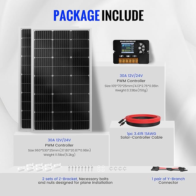 100W Monocrystalline Solar Panel Kit with 30A PWM Controller - 12V/24V High Efficiency Solar Panel for RV Boat Cabin Off-Grid System
