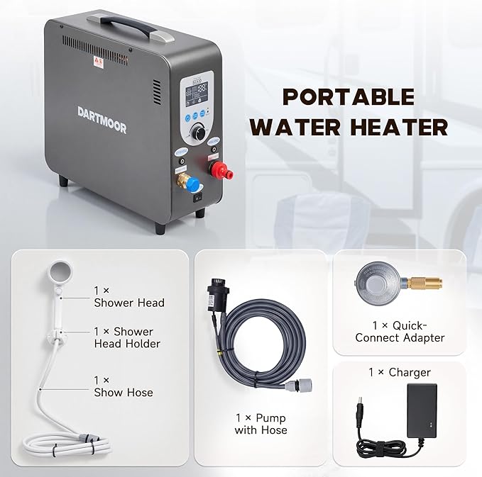 DARTMOOR Portable Propane Water Heater Battery Powered Outdoor Portable Shower with 37500 BTU LCD Display Auto Shutoff Camping Shower with 4500mAh Rechargeable Battery for Hunting Cleaning Camping