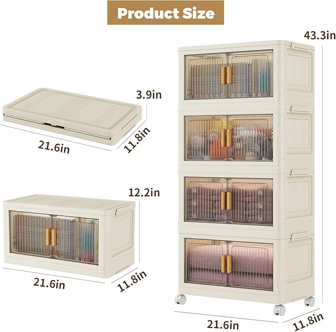 4 Tier Stackable Plastic Storage Bins with Lids 48QT Collapsible Closet Organizers and Storage with Wheels for Living RoomOfficeDorm