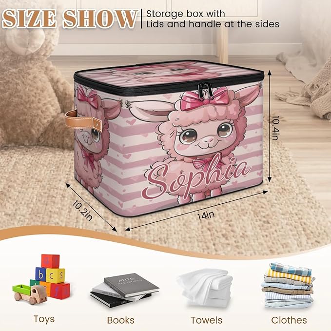 Custom Storage Basket with Name Personalized Storage Bins with Zipper Lid Foldable Fabric Storage Box Large capacity with Handle Bow Alpaca