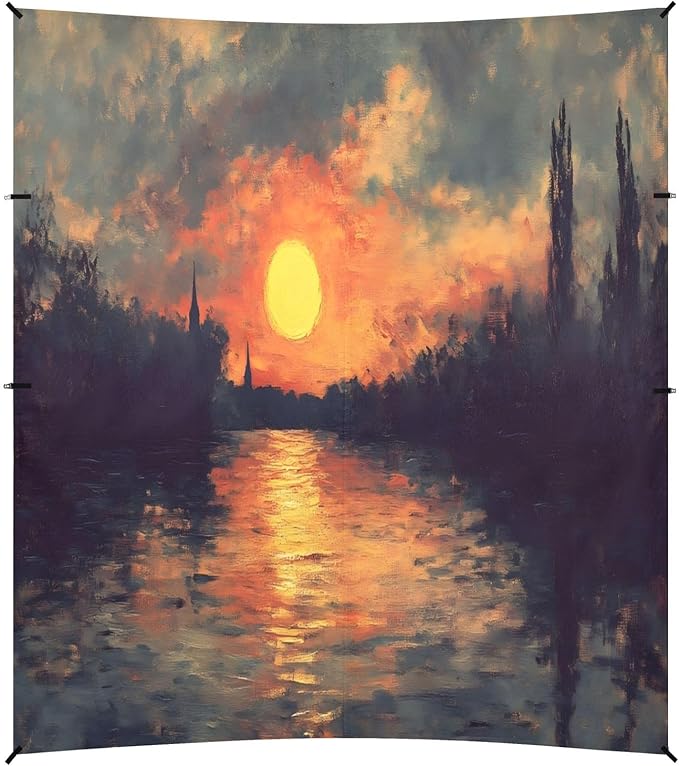 Oil Painting Sunset River Beach Tent Sun Shelter Set UPF50+ UV Protection 10.5 x 9.19 FT Camping Shade Canopy with Sandbags Sand Anchors Carrying Bag and Others