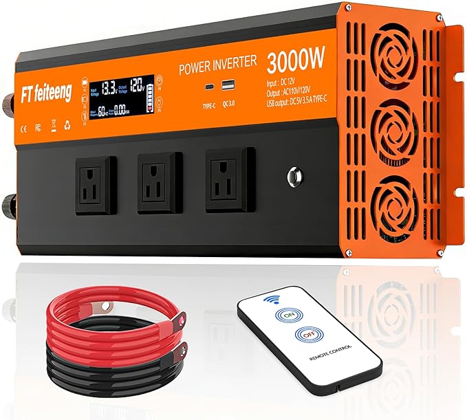 3000W Power Inverter 12v DC to 120v Ac Inverter Power Inverters for Vehicles with LCD Display 3AC Sockets and USB-C &amp QC 3.0 Port with Remote Control for Camping Home Truck Rv Solar System