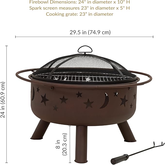 Sunnydaze Cosmic 30-Inch Patio Fire Pit for Outside - Outdoor Wood-Burning Fire Pit with Grill Grate Spark Screen and Fireplace Poker