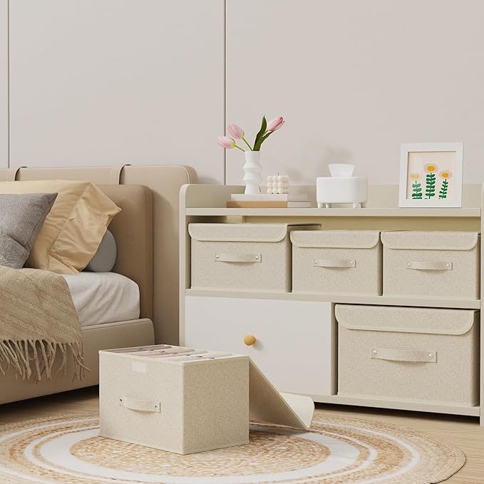 Fabric Storage Bins Cube Organizers with Flip-Top Lid and HandlesStorage Boxes for Organizing HomeOfficeand ClosetGrey and Beige3 Pack 13 X 9.1 X 7.9 in
