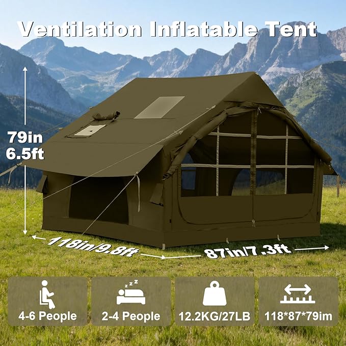 Inflatable Camping Tent2/4/6/8 Person Glamping Inflatable Tents with Awning Quick Setup Blow Up Tents with Pump Waterproof Oxford Inflatable House for Camping Air Glamping Hot Tents for Adult