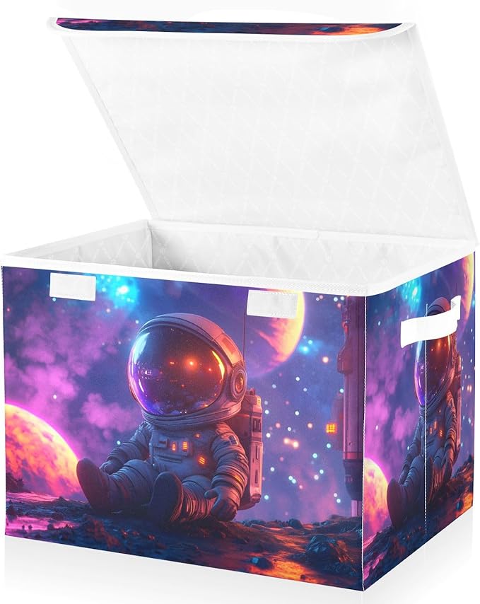 AIXIWAWA Lidded Storage Cube (Cute Astronaut) Fabric Foldable Closet Bins with Flip Lid and Handles Organizer Basket Container 16.5 x 12.6 x 11.8 IN