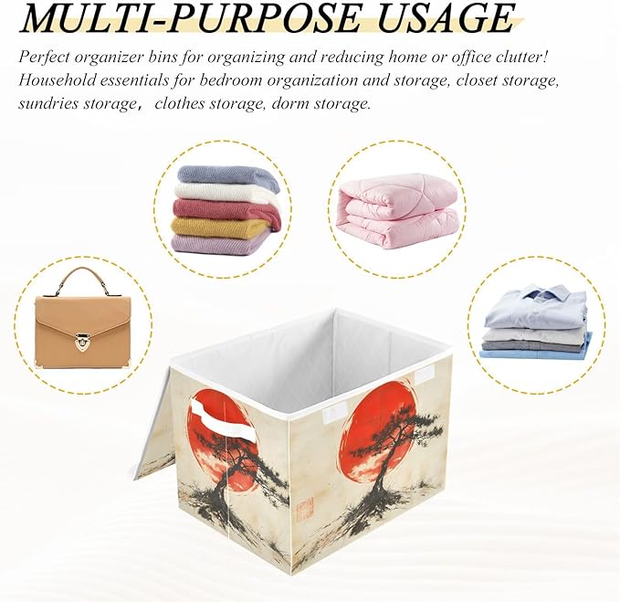 AIXIWAWA Lidded Storage Cube (Chinese Sun Tree) Fabric Foldable Closet Bins with Flip Lid and Handles Organizer Basket Container 16.5 x 12.6 x 11.8 IN