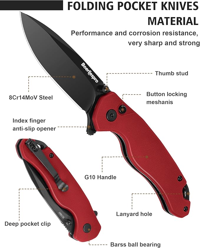 Pocket Knife – 2.99 8Cr14MoV Steel Blade G10 Handle | EDC Folding Knife with Pocket Clip for Men &amp Women | Sharp for Camping Fishing Hunting Tactical Use &amp Survival Hiking -Red