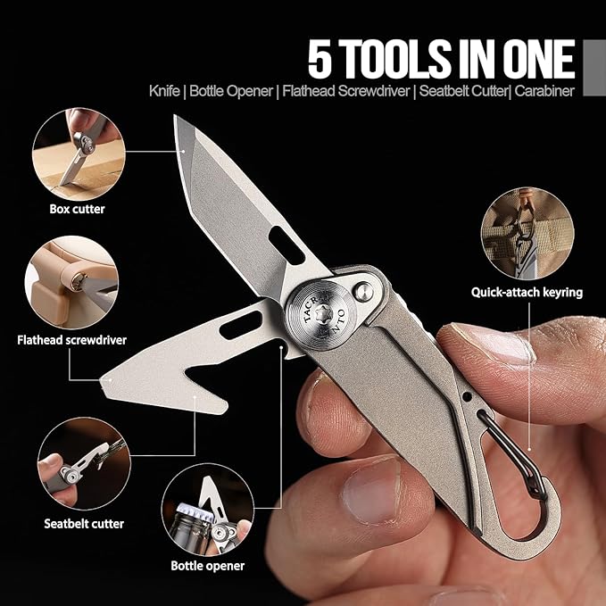 TACRAY Vinto 5-in-1 Titanium Small Pocket Knife – Ultra-Light Mini EDC Multitool Utility Knife with Folding Blade Seatbelt Cutter Bottle Opener &amp Screwdriver Compact Everyday Carry