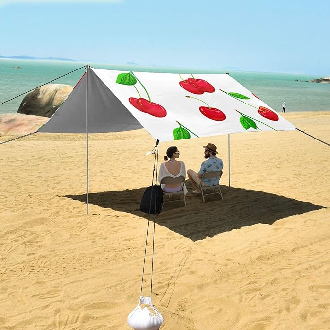 Beach Canopy with Windproof Ropes &amp Sandbags Beach Tent Sun Shade Sun Shelter for Camping Trips Fishing Backyard Fun or Picnics Red Cherries