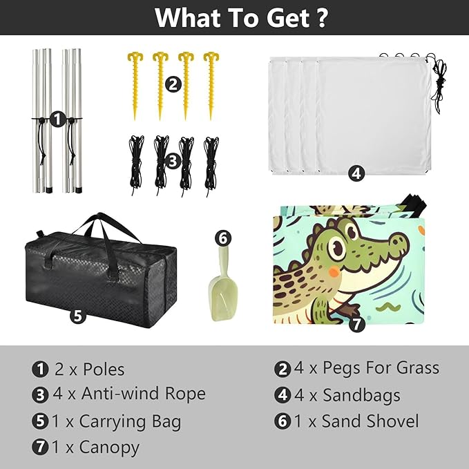 Cartoon Crocodiles Beach Tent Sun Shelter Set UPF50+ UV Protection 10.5 x 9.19 FT Camping Shade Canopy with Sandbags Sand Anchors Carrying Bag and Others