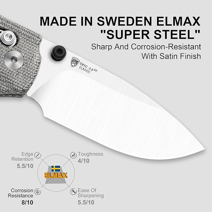 Kizer C01C 2.9 CD Sheepdog Pocket Knife 2.95 Elmax Drop Point Blade Folding Knife with Black Norplex UltreX™ Micarta Handle Small EDC Camping Survival Knives with Thumb Stud Ki3488.29CDA2