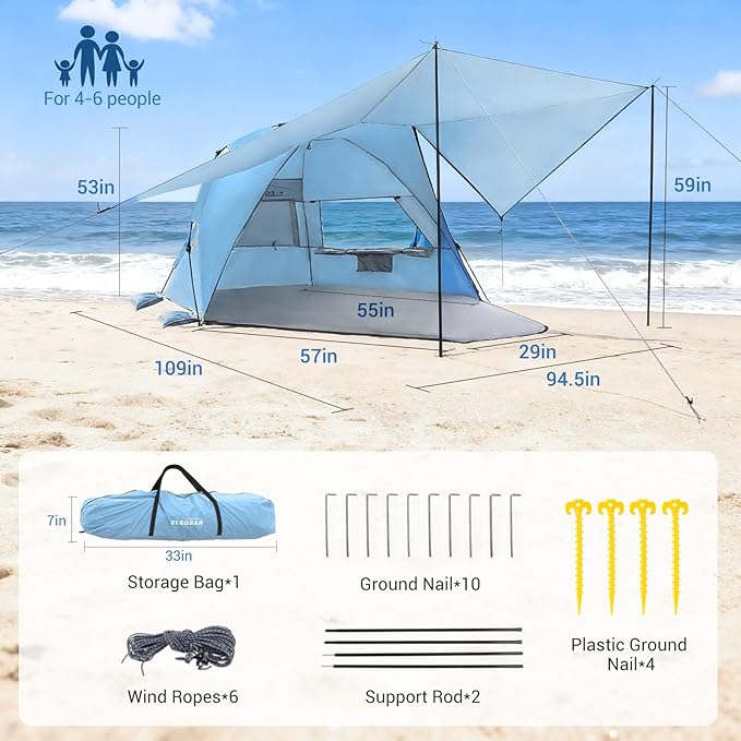 Elegear CumbreX™ Beach Tent with 360° Removable Canopy 4-6 Person Pop Up Sun Shade Shelter UPF 50+ Automated Installation Double Silver Coating Portable Lightweight Beach Cabana for Beach/Outdoor