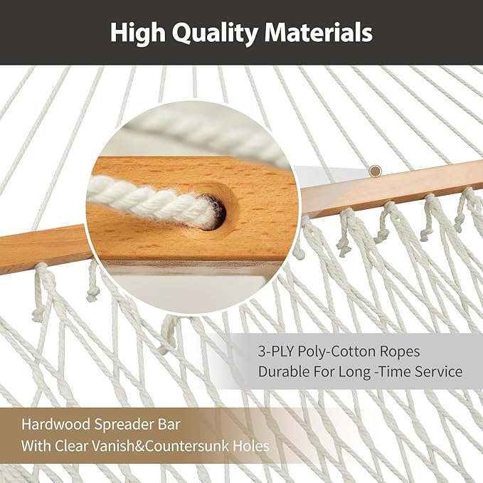 CHULIM Outdoor Double Hammock with Hardwood Spreader Bars Large Rope Hammock with Polyester Pad and Pillow 475 LBS Capacity for 2 Person Patio Backyard Poolside - Tan