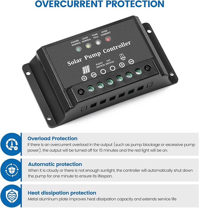 10A Solar Water Pump Controller Zuomeng DC Pump Controller Compatible with 12V and 24V Systems Featuring LED Display Light and Overcurrent/Overload Protection
