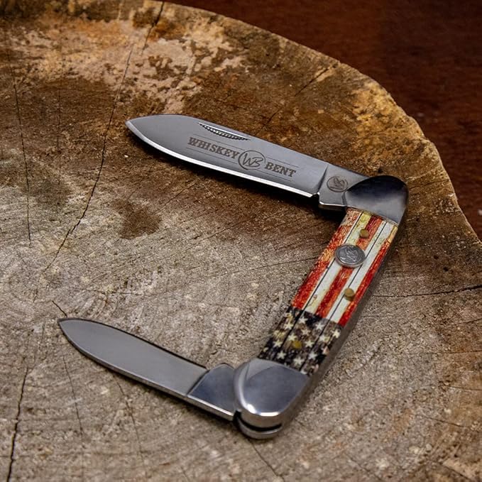 WHISKEY BENT HAT CO. Traditional Canoe Folding Camping Knife 3.63 Closed Length 440C Stainless Steel Blades (Patriot)