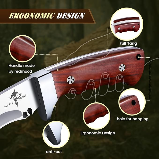 Purple Dragon Kukri Fixed Blade Knife With Sheath 8 Inch Full Tang Heavy Duty Camping Knives - Christmas Gift for Men and Women