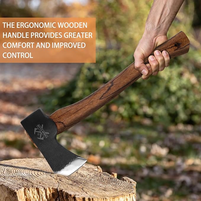 15.7 Hand Forged Axe Camping Hatchet with 1065 Carbon Steel &amp Wooden Handle Bushcraft Hatchet with Leather Sheath and Axe Sharpener Survival Ax for Outdoor Adventures and Gardening