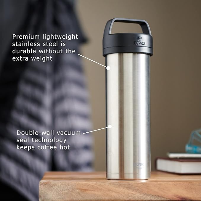 ESPRO Go P0 Ultralight French Press Coffee Maker for Travel Vacuum Insulated Stainless Steel 16 Ounces Brushed Stainless Steel