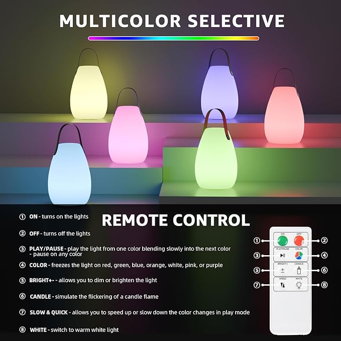uuffoo Rechargeable Portable Table Lamp Cordless RGB Lantern with Remote Decorative LED Night Light IP44 Waterproof Indoor Outdoor Lamp for Bedroom Patio Garden Wedding Party