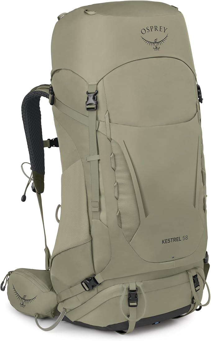 Osprey Kestrel 58L Men's Backpacking Backpack - Hiking &amp Camping Bag with Waterproof Raincover Olive Tan Large/X-Large