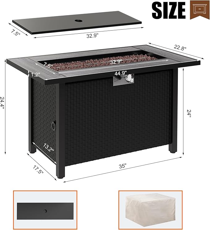 45 inch Propane Fire Pit Table 50000 BTU Outdoor Gas Fire Pit Table with Lid Waterproof Cover Rectangle Gas Firepit Table for Garden/Patio