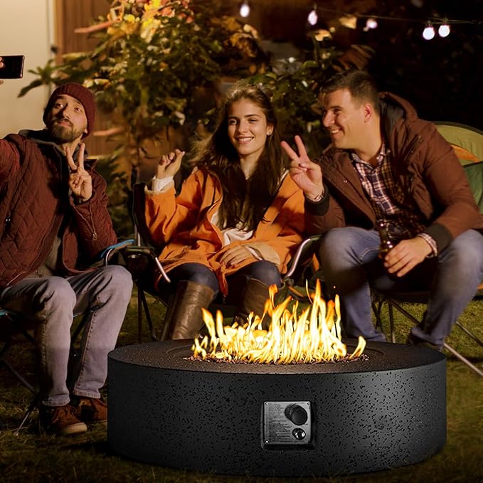 COSIEST 42 inch Outdoor Propane Fire Pit Coffee Table w Concrete Round Base Patio Heater 50000 BTU Stainless Steel Burner Free Lava Rocks Rain Cover Gray