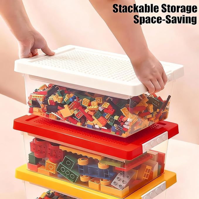 Toy Storage Organizer Bin for Lego Plastic Organizer Box with Removable Tray and Building Baseplate Lid Stackable Building Block Storage Craft Storage Container for Lego Toy Tool Sewing (White)