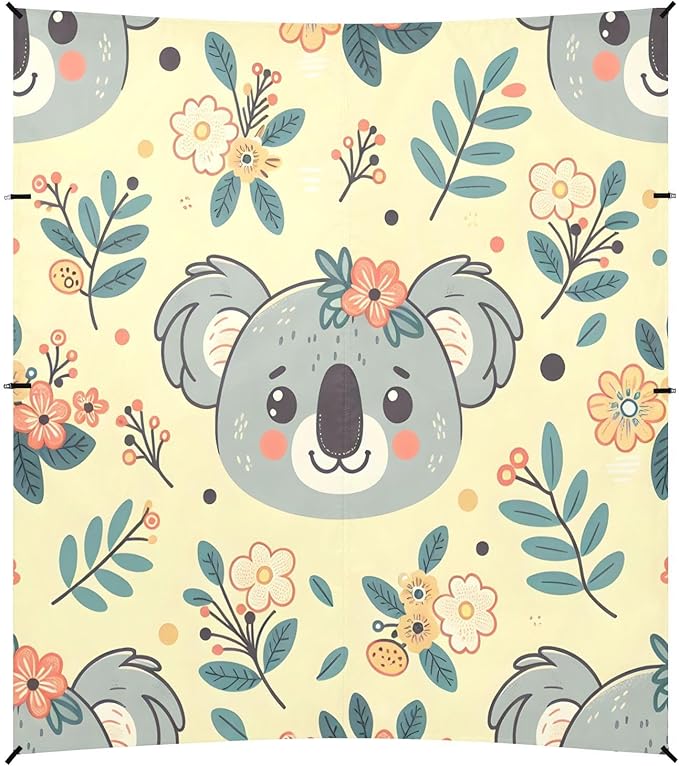 Cartoon Koala and Wildflowers Beach Tent Sun Shelter Set UPF50+ UV Protection 10.5 x 9.19 FT Camping Shade Canopy with Sandbags Sand Anchors Carrying Bag and Others