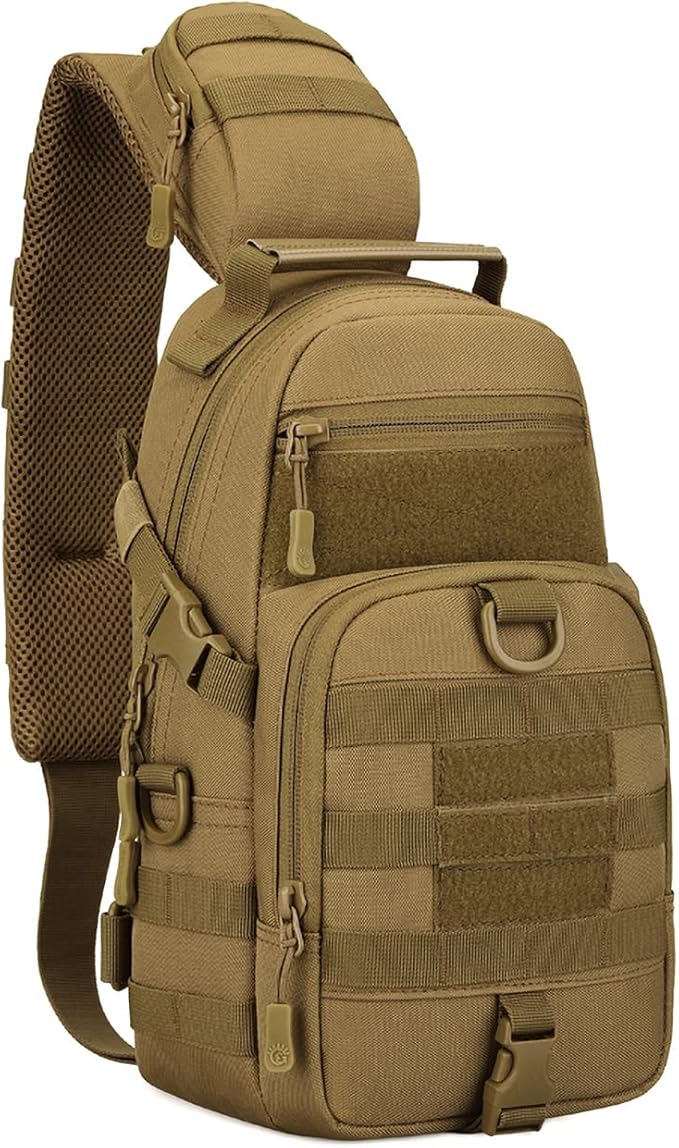 Tactical EDC Sling Bag Military Shoulder Backpack for Men Women Molle Chest Assault Pack Outdoor Crossbody Daypack (Brown)