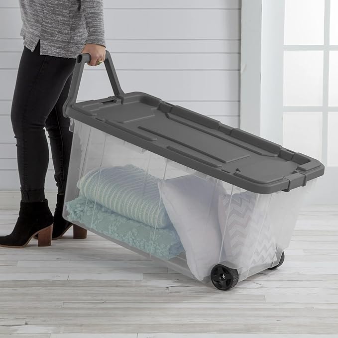 2 Pack 160 Quart Wheeled Storage Bins - Stackable Heavy Duty Clear Totes with Secure Latch Lid &amp Reinforced Pull Handle Ideal for Garage Closet &amp Moving (Clear/Gray)