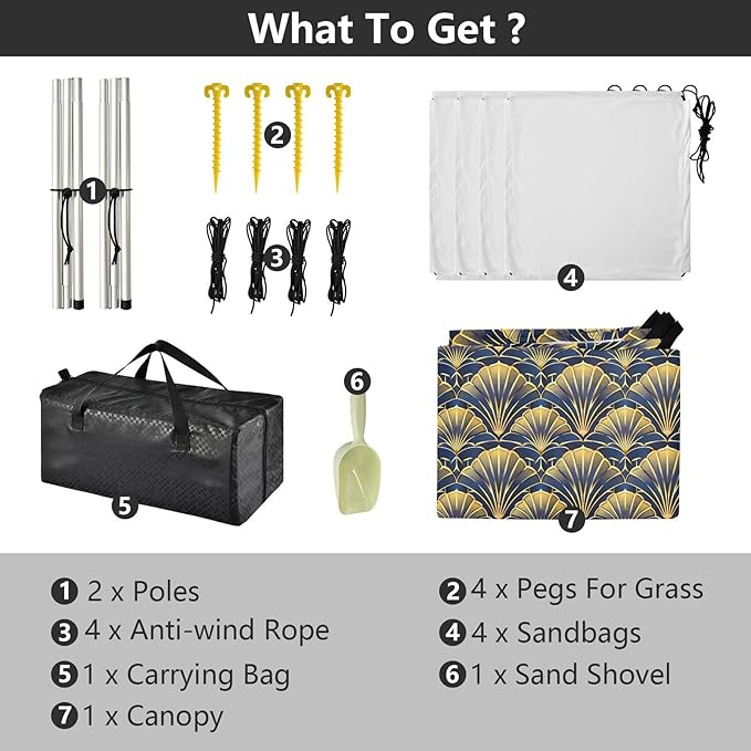 ALAZA Abstract Gold Fan Beach Tent Sun Shelter UPF50+ Protection Beach Shade Canopy w/ 4 Sandbags for Outdoor Camping Fishing Backyard Fun Picnic 10x9 ft