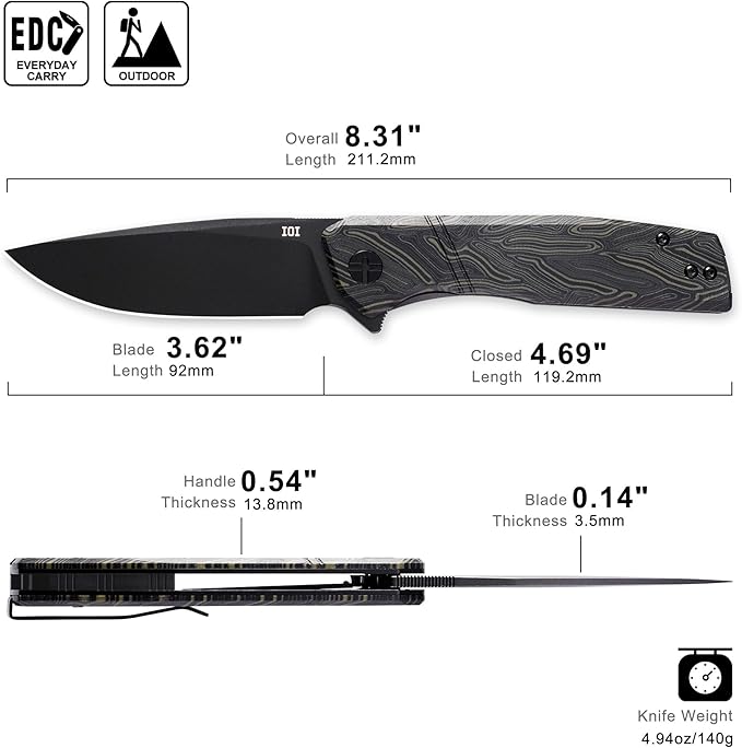 IOI Task Force I51984 Tactical Pocket Knife for Men – 14C28N Black Titanium PVD Folding Blade Green Gmascus G10 Handle EDC Knife with Clip Enhanced Custom LeftSide Clip for Everyday Carry Camping