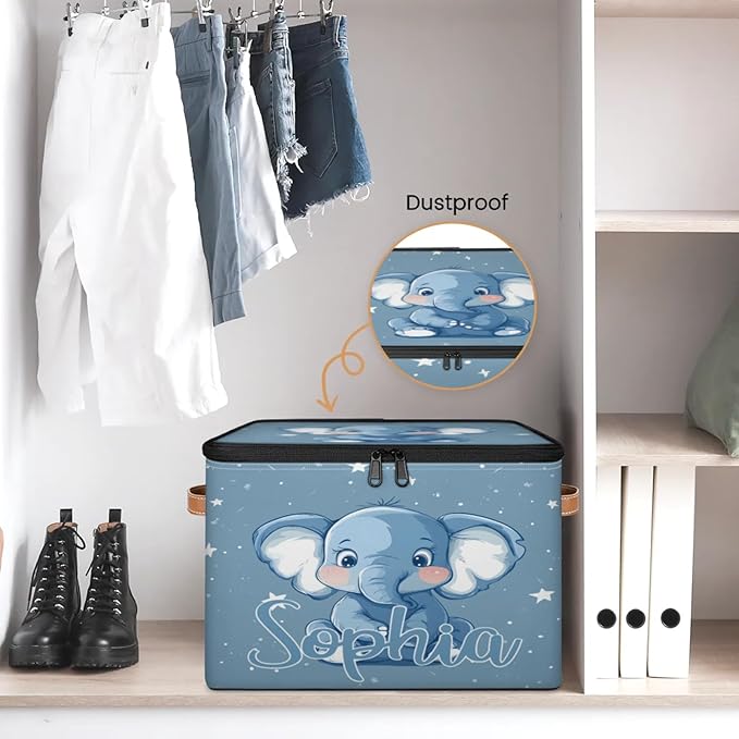 Custom Storage Basket with Name Personalized Storage Bins with Zipper Lid Foldable Fabric Storage Box Large capacity with Handle Elephant Star Blue
