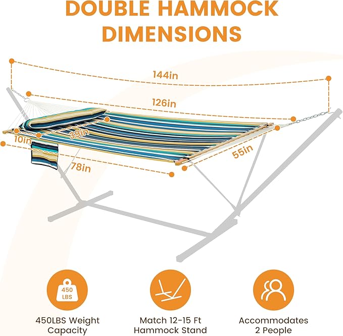 Lazy Daze Hammocks 2 Person Double Quilted Fabric Hammock with Spreader Bar Detachable Pillow Side Pocket Carabiners Chains Straps for Outdoor 450lbs Capacity Beach Stripes