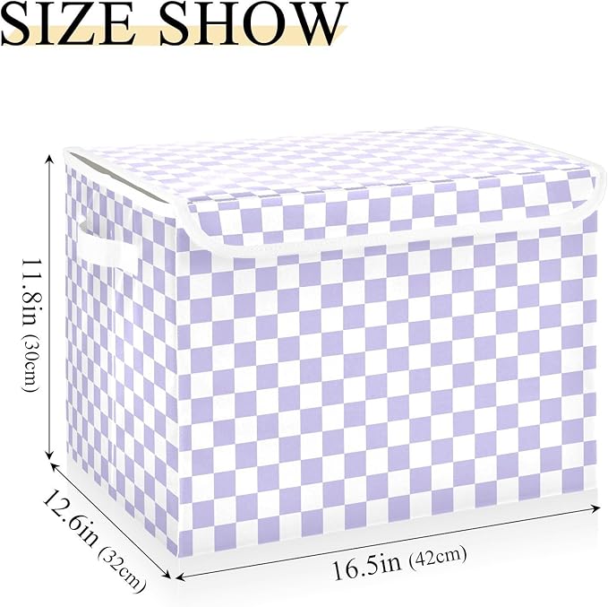Light Purple Checkerboard Storage Baskets Lidded Bin Foldable Storage Boxes Cubes Lids with 2 Handles for Organizing Closet Home Office
