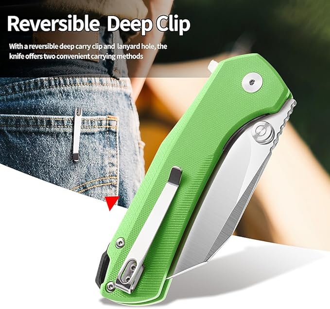 ioko Folding Pocket Knife 3.5-Inch D2 Steel Blade G10 Handle EDC Camping Survival Knife with Clip (Green)
